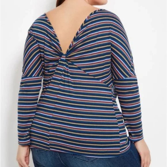 Ashley Stewart Blue Striped Twist Back Tee 14/16 - Picture 3 of 4